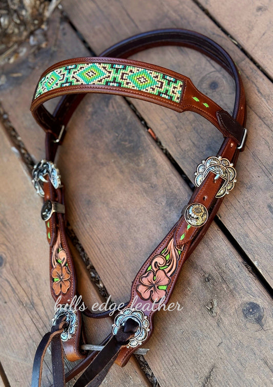 Beaded Green Browband Headstall