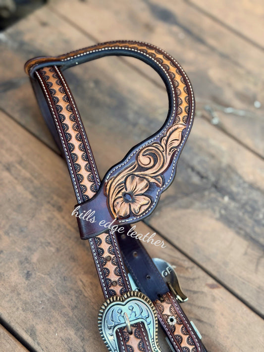 One Ear Stamped and Tooled Headstall